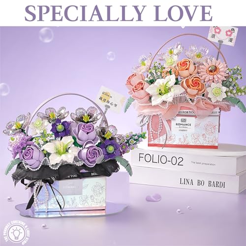 MEIEST Flower Bouquet Building Blocks Model SetSimulation Artificial Rose Handheld Gift BoxBonsai Plant Building Bricks ToysHome Decor Mist Purple - Image 5