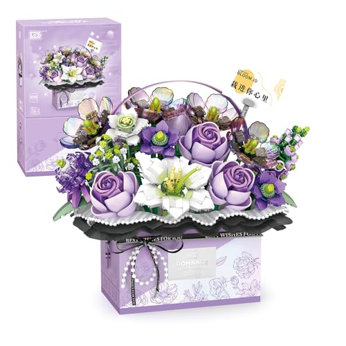 MEIEST Flower Bouquet Building Blocks Model SetSimulation Artificial Rose Handheld Gift BoxBonsai Plant Building Bricks ToysHome Decor Mist Purple - Image 1