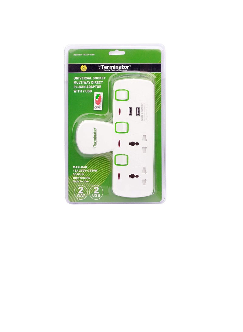 TERMINATOR 2 WAY UNIVERSAL T SOCKET WITH 2USB 2.1Ah INDIVIDUAL SWITCH AND INDICATOR WITH FUSED IN WHITE COLOR TMA 2T 2USB  - Image 1