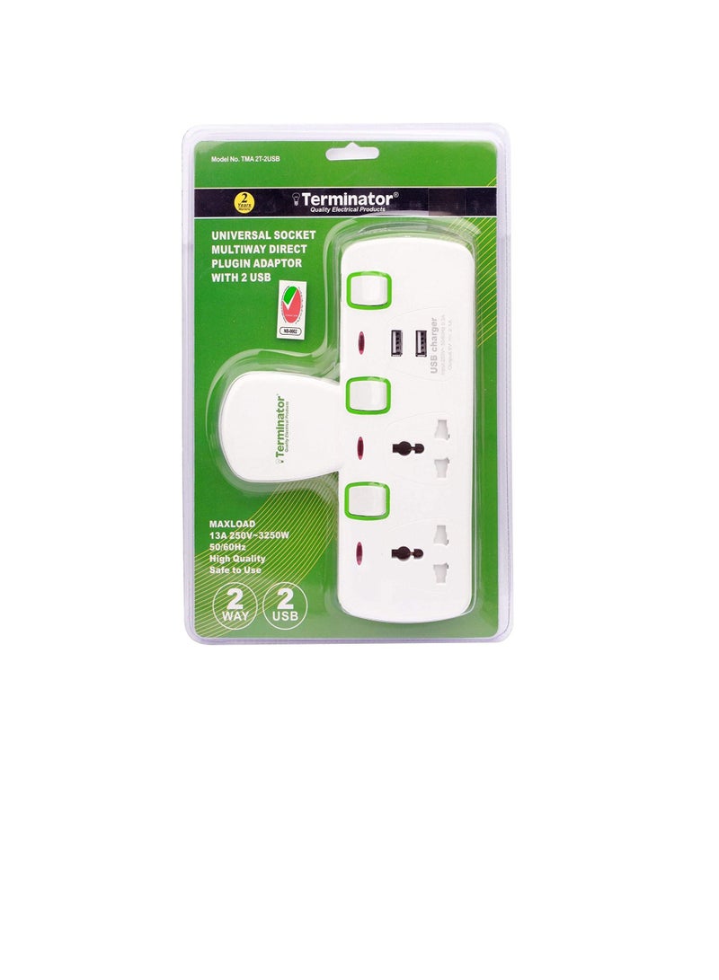 TERMINATOR 2 WAY UNIVERSAL T SOCKET WITH 2USB 2.1Ah INDIVIDUAL SWITCH AND INDICATOR WITH FUSED IN WHITE COLOR TMA 2T 2USB  - Image 3