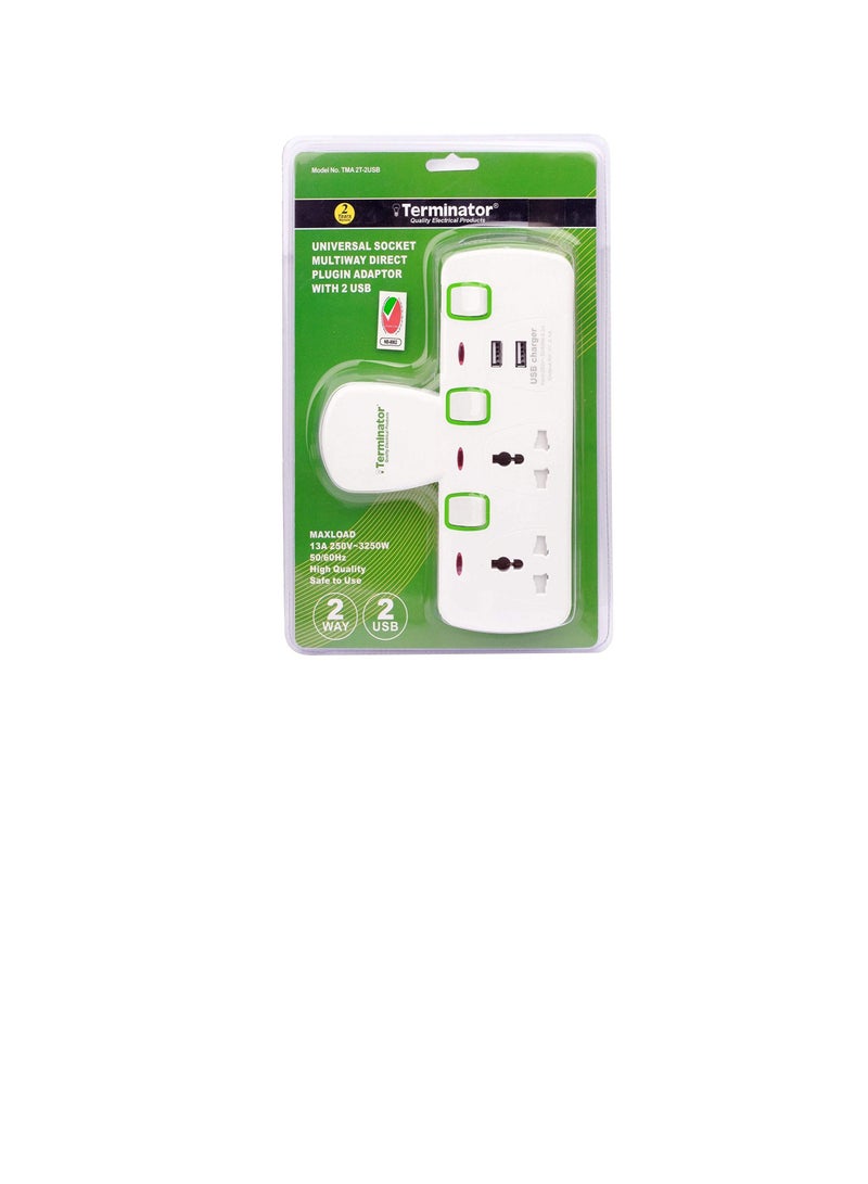 TERMINATOR 2 WAY UNIVERSAL T SOCKET WITH 2USB 2.1Ah INDIVIDUAL SWITCH AND INDICATOR WITH FUSED IN WHITE COLOR TMA 2T 2USB  - Image 2