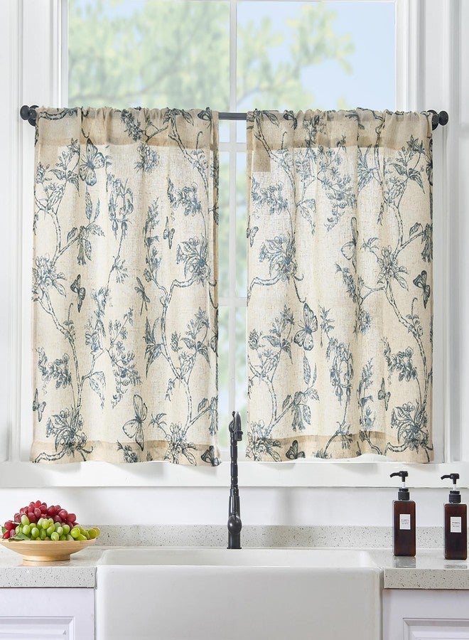Lazzzy Floral Kitchen Curtains 36 Inch Length, Blue Linen Farmhouse Kitchen Window Rustic Country Small Curtains Rod Pocket Tiers, Set of 2, Blue on Beige - Image 1