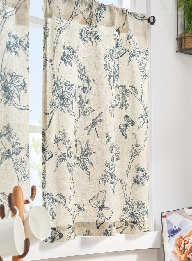Lazzzy Floral Kitchen Curtains 36 Inch Length, Blue Linen Farmhouse Kitchen Window Rustic Country Small Curtains Rod Pocket Tiers, Set of 2, Blue on Beige - Image 2