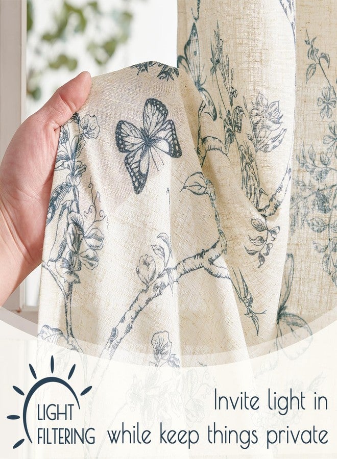 Lazzzy Floral Kitchen Curtains 36 Inch Length, Blue Linen Farmhouse Kitchen Window Rustic Country Small Curtains Rod Pocket Tiers, Set of 2, Blue on Beige - Image 5