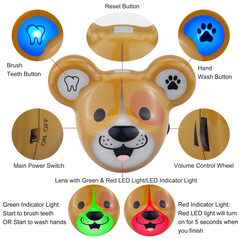LUXSWAY Cute Animal Toothbrushing Timer with Musical Volume, 2 Minute Kid for Toothbrushing, 20 Seconds Wash Hand Training Games, Rechargeable Colored Led Light Visual Timer- Dog - Image 3