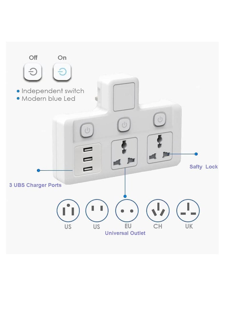 TYCOM Power Adapter Multi Plug Extension with 3 USB Extender Wall Charger Socket 2 Way Multiple Electrical Outlet Adaptor Charging Station for Home Office（2 Way 3 USB）  - Image 2