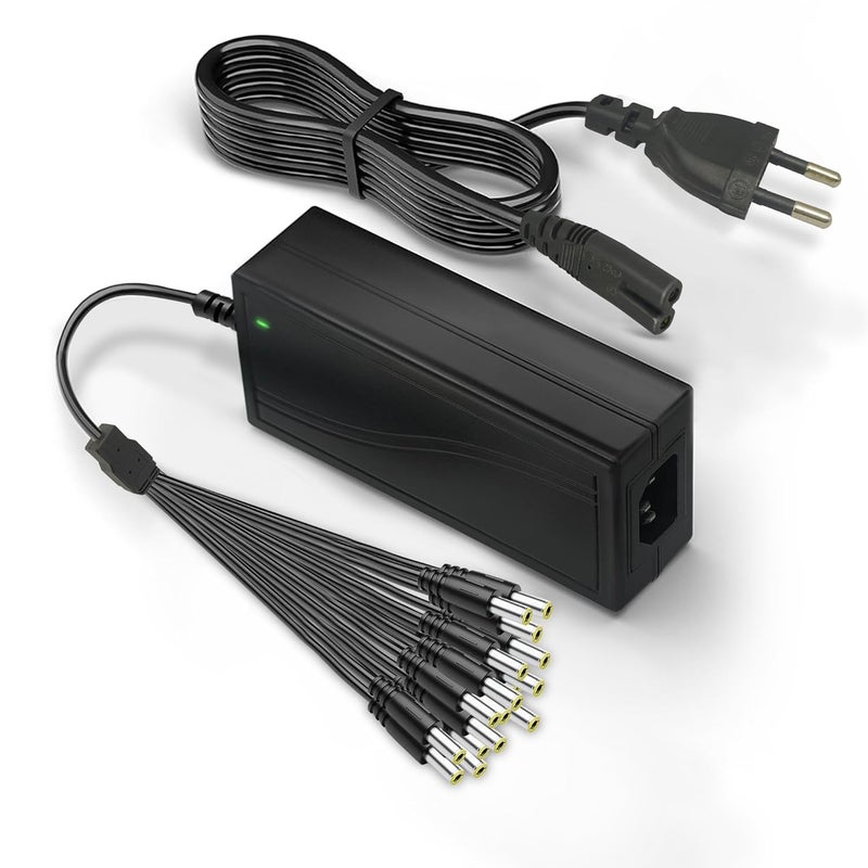 12V 8 A Power Adapter with 16-Way Splitter & LED Indicator | 100-240 V AC Quick Charger for Analog/AHD DVR Cameras, Lorex, RGB LED Strips