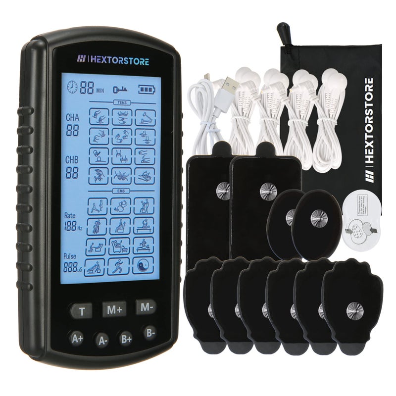 HEXTORSTORE HEXTOR Tens Unit Muscle Stimulator Tens Machine with 4 Channel 24 Modes EMS Tens Units for Pain Relief with 8Pcs Electrode Replacement Pads Tens Device with All Accessories and A Travel Case