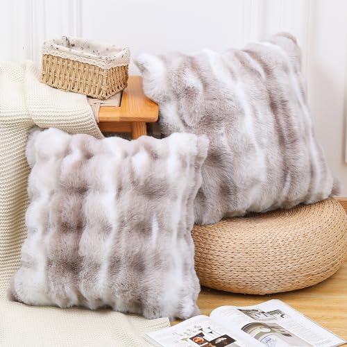 MADIZZ Pack of 2 Thick Plush Faux Wool Throw Pillow Covers Soft Boho Throw Pillows Luxurious Cushion Covers for Couch Sofa Bedroom Living Room Home Decor 18x18 Inch White Taupe - Image 3
