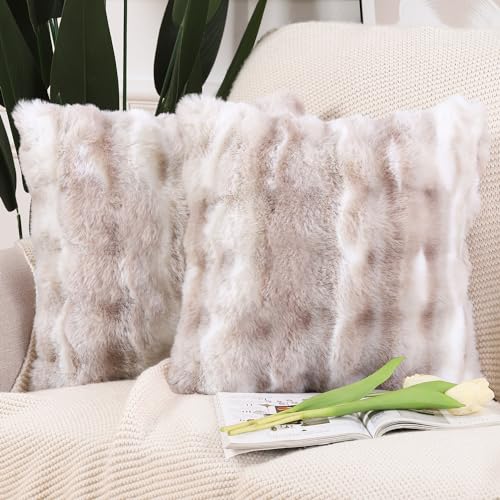 MADIZZ Pack of 2 Thick Plush Faux Wool Throw Pillow Covers Soft Boho Throw Pillows Luxurious Cushion Covers for Couch Sofa Bedroom Living Room Home Decor 18x18 Inch White Taupe - Image 1