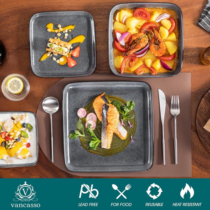 vancasso طقم أدوات المائدة فانساسو ستيرن الرمادي المربعة 16 قطعة مع طلاء تفاعلي لأدوات المائدة في المطبخ - Image 3
