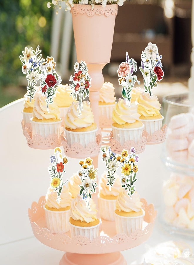 JarThenaAMCS 40Pcs Spring Floral Cupcake Toppers Vintage Wildflower Cupcake Picks Colorful Flower Food Picks for Spring Birthday Dessert Decorations - Image 4