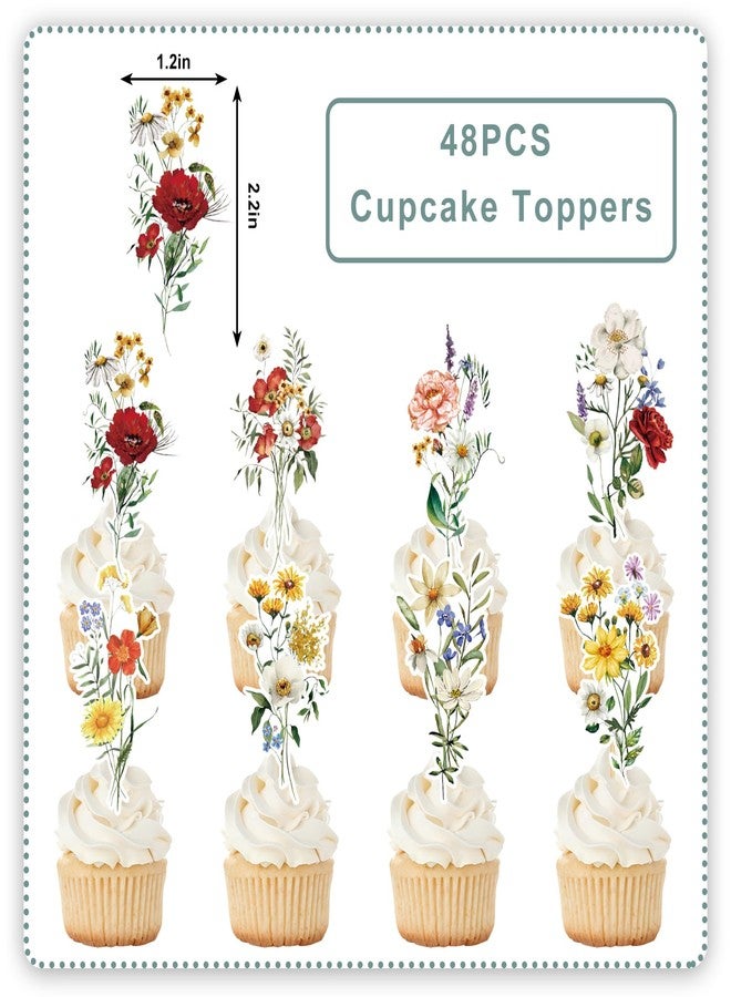 JarThenaAMCS 40Pcs Spring Floral Cupcake Toppers Vintage Wildflower Cupcake Picks Colorful Flower Food Picks for Spring Birthday Dessert Decorations - Image 2