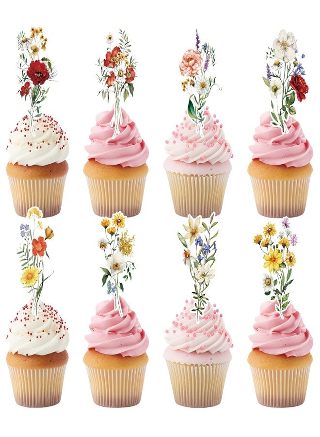 JarThenaAMCS 40Pcs Spring Floral Cupcake Toppers Vintage Wildflower Cupcake Picks Colorful Flower Food Picks for Spring Birthday Dessert Decorations - Image 1
