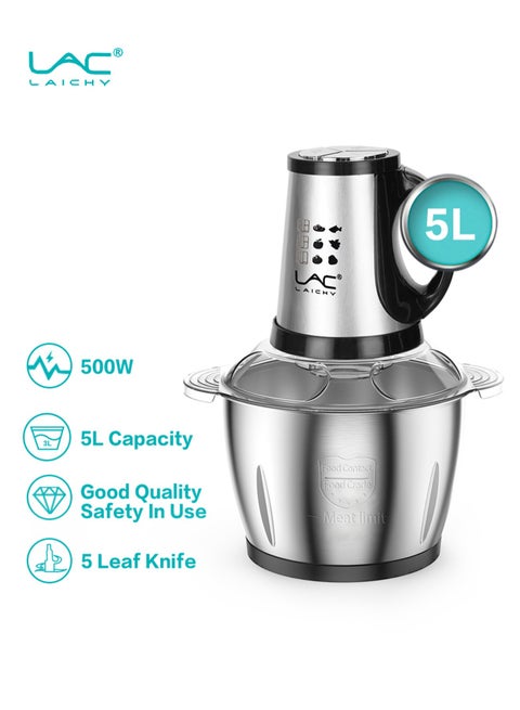 Electric Food Chopper, 5L Meat Grinder 3 Speeds   500W Food Processor Stainless Steel Food Processor Elegant Slicer With Integrated 5-Sharp Blades And Child Safety Lock