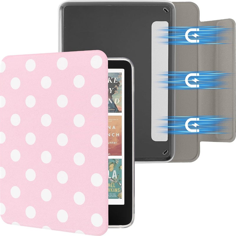 حافظة مغناطيسية قابلة للفك من لجهاز Kindle Paperwhite مقاس 7 بوصة، الجيل الثاني عشر 2024 وKindle Colorsoft Signature Edition، غلاف خارجي رقيق من البولي يوريثان (PU) مع وظيفة تشغيل/إيقاف التلقائي، لون وردي مع نقاط بيضاء - Image 1