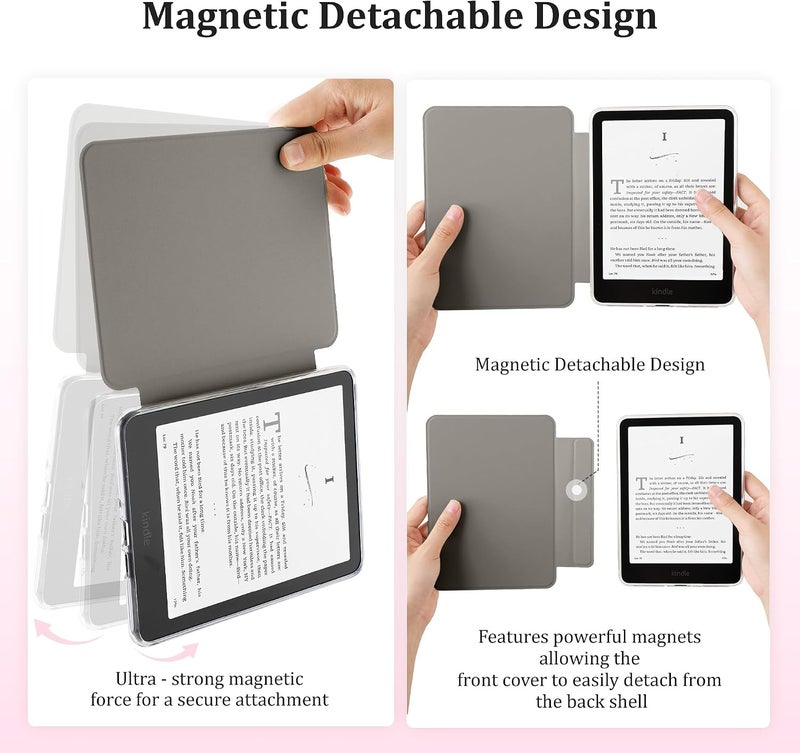 حافظة مغناطيسية قابلة للفك من لجهاز Kindle Paperwhite مقاس 7 بوصة، الجيل الثاني عشر 2024 وKindle Colorsoft Signature Edition، غلاف خارجي رقيق من البولي يوريثان (PU) مع وظيفة تشغيل/إيقاف التلقائي، لون وردي مع نقاط بيضاء - Image 3