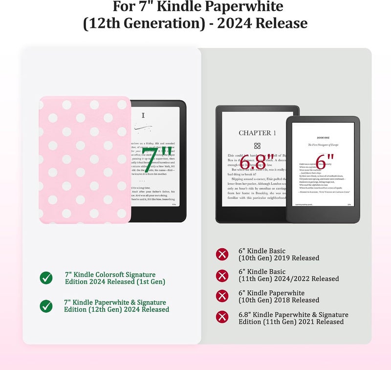 حافظة مغناطيسية قابلة للفك من لجهاز Kindle Paperwhite مقاس 7 بوصة، الجيل الثاني عشر 2024 وKindle Colorsoft Signature Edition، غلاف خارجي رقيق من البولي يوريثان (PU) مع وظيفة تشغيل/إيقاف التلقائي، لون وردي مع نقاط بيضاء - Image 2