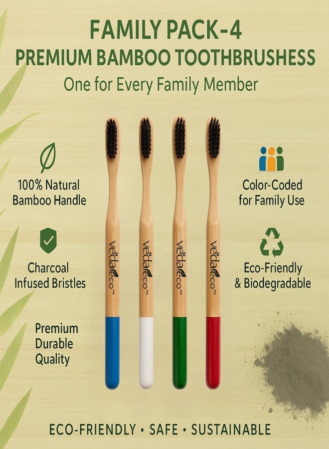 VEDAeco Biodegradable Bamboo Toothbrush - Family Pack | Natural Wooden Toothbrush with Soft BPA-Free Bristles | Eco-Friendly, Organic, Zero Waste Oral Care for Adults & Kids (Pack of 4) - Image 2
