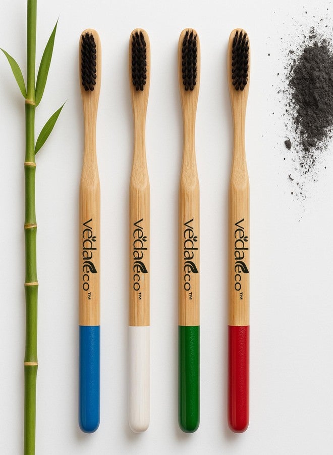 VEDAeco Biodegradable Bamboo Toothbrush - Family Pack | Natural Wooden Toothbrush with Soft BPA-Free Bristles | Eco-Friendly, Organic, Zero Waste Oral Care for Adults & Kids (Pack of 4) - Image 1