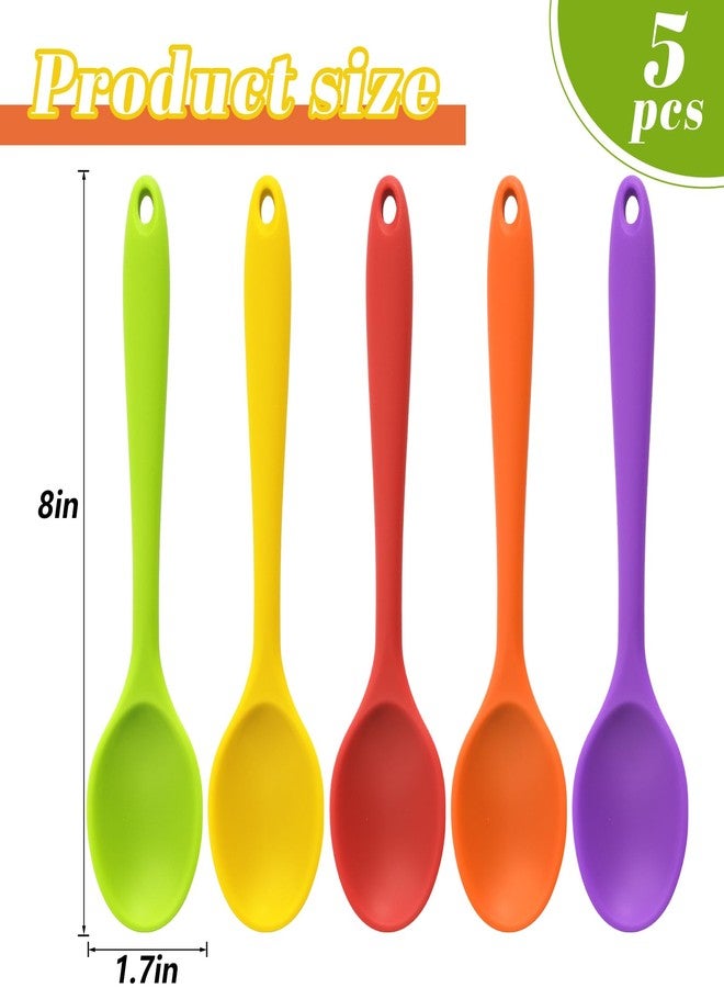 هانزغو مجموعة هانزجو من 5 ملاعق سيليكون صغيرة، ملاعق خلط سيليكون بطول 8 بوصات للخبز والطبخ والتذوق، تقليب هادئ للكاكاو الساخن والصلصات والريزوتو، آمنة وغير لاصقة، هدايا مطبخ للنساء، هدايا طبخ للرجال - Image 2