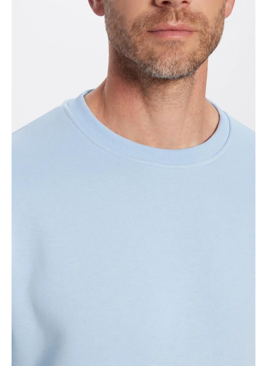 Tudors Unisex Oversize Wide Cut Cotton Soft Textured Polar Fleece Inside Basic Blue Crew Neck Sweatshirt