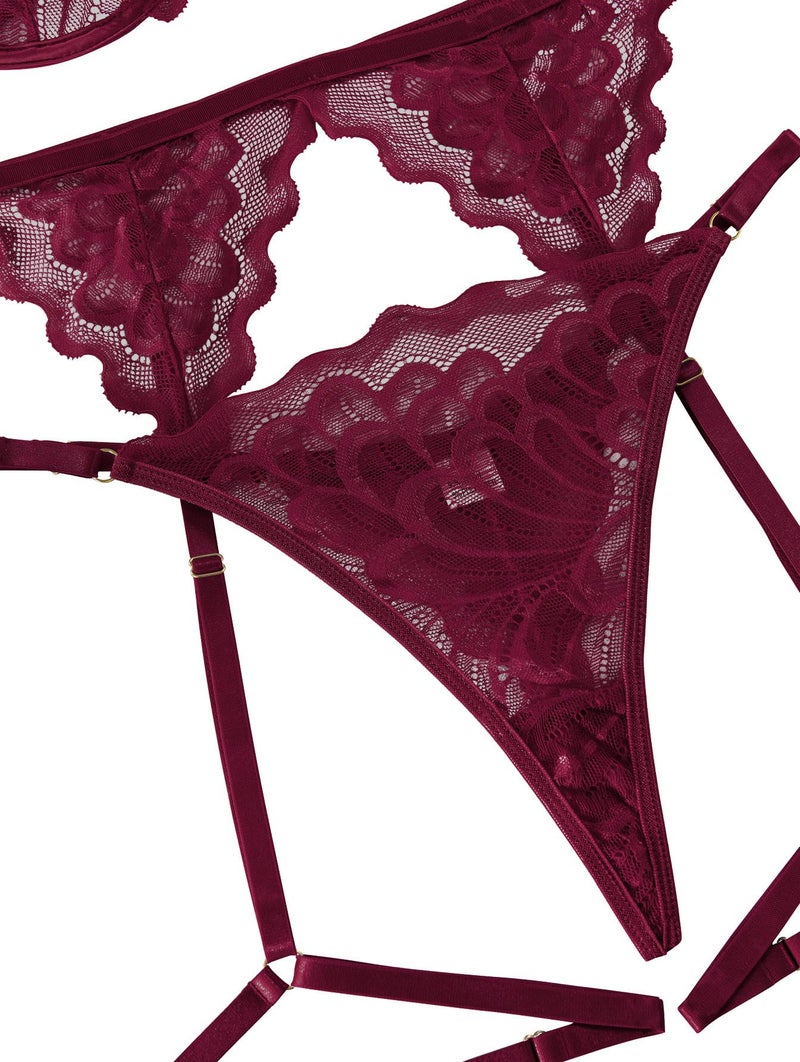Lilosy Sexy Choker Floral Lace Scallop Sheer Underwire Push Up Garter Belt Lingerie Set 3 Piece for Women See Through Bachelorette Bra and Panty Burgundy Red Medium - Image 5
