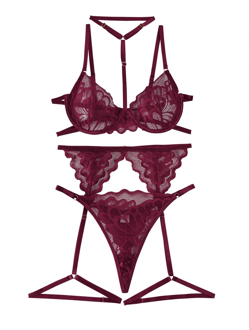 Lilosy Sexy Choker Floral Lace Scallop Sheer Underwire Push Up Garter Belt Lingerie Set 3 Piece for Women See Through Bachelorette Bra and Panty Burgundy Red Medium - Image 3