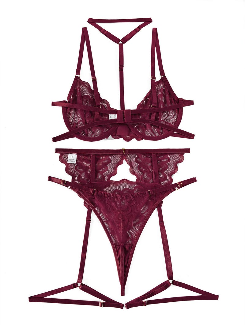 Lilosy Sexy Choker Floral Lace Scallop Sheer Underwire Push Up Garter Belt Lingerie Set 3 Piece for Women See Through Bachelorette Bra and Panty Burgundy Red Medium - Image 4