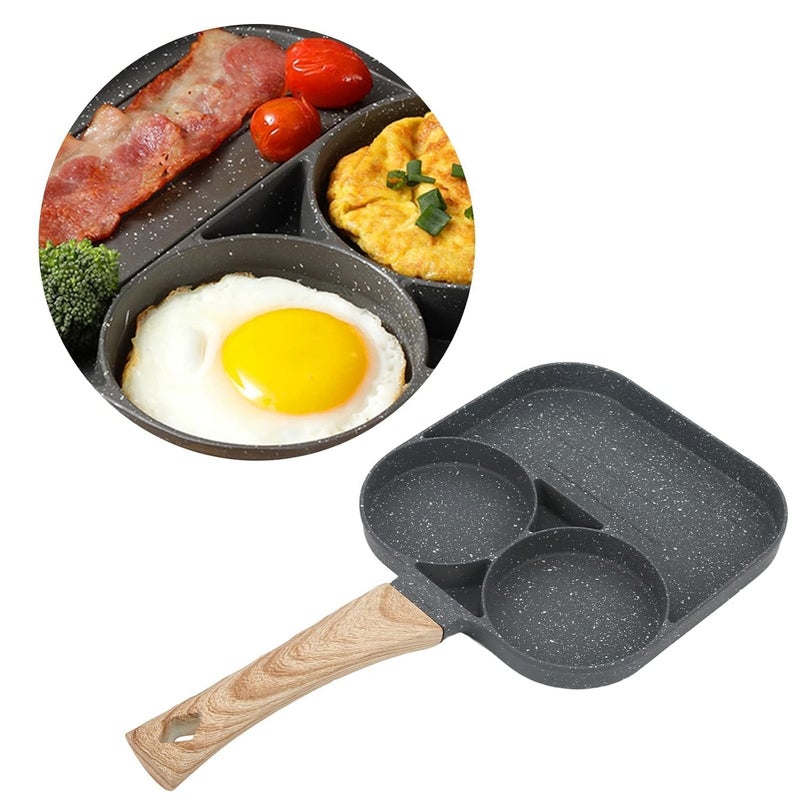 CREDSY 3 Section NonStick Egg Frying Pan with Wooden Handle Maifan Stone Omelette Pan Fry Pan Pancake Divided Frying Pan Burger Pan Gas Stove Induction Cooker 3 Section Egg Frying Pan - Image 4