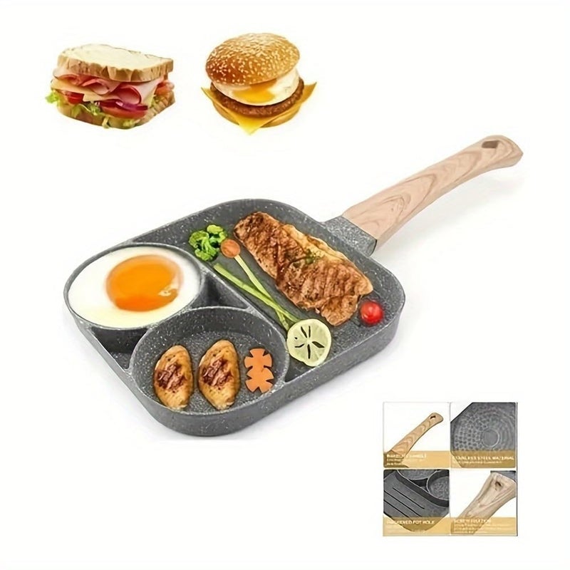 CREDSY 3 Section NonStick Egg Frying Pan with Wooden Handle Maifan Stone Omelette Pan Fry Pan Pancake Divided Frying Pan Burger Pan Gas Stove Induction Cooker 3 Section Egg Frying Pan - Image 2
