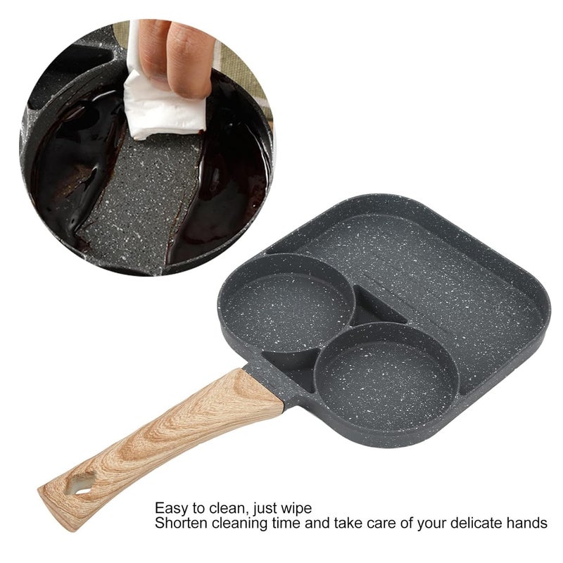 CREDSY 3 Section NonStick Egg Frying Pan with Wooden Handle Maifan Stone Omelette Pan Fry Pan Pancake Divided Frying Pan Burger Pan Gas Stove Induction Cooker 3 Section Egg Frying Pan - Image 5
