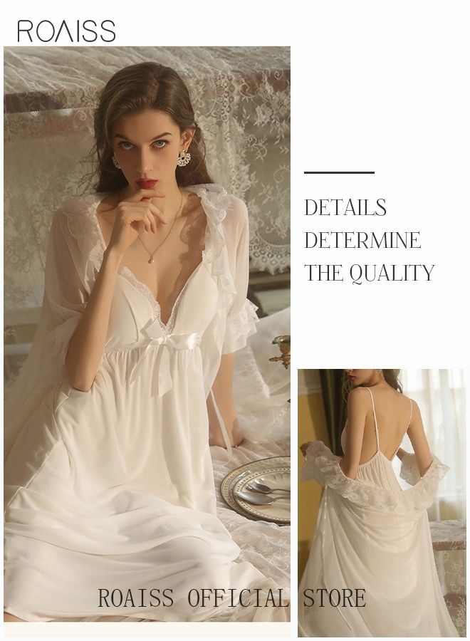 NIBEMINENT 2 Piece Set Night Skirt Solid Women's Lace Pajamas with Chest Pad V-Neck Sling Mesh Sweet Court Retro Nightdress Loungewear Soft Spring Summer Home Wearing Clothes White - Image 5