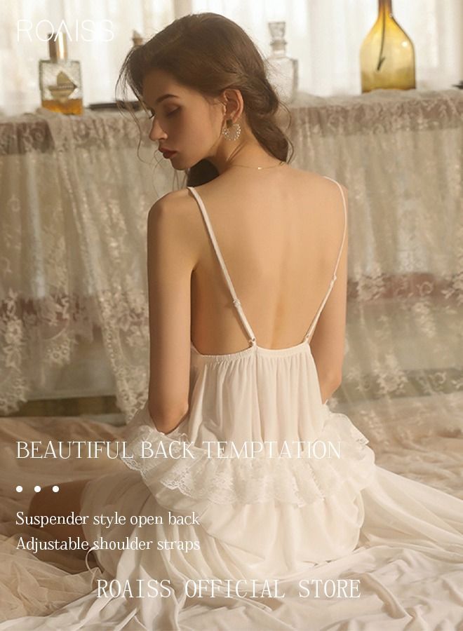 NIBEMINENT 2 Piece Set Night Skirt Solid Women's Lace Pajamas with Chest Pad V-Neck Sling Mesh Sweet Court Retro Nightdress Loungewear Soft Spring Summer Home Wearing Clothes White - Image 4
