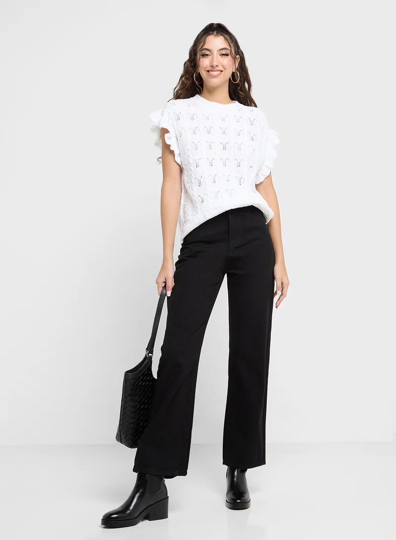 جينجر Cable Knit Sweater With Ruffle Sleeves