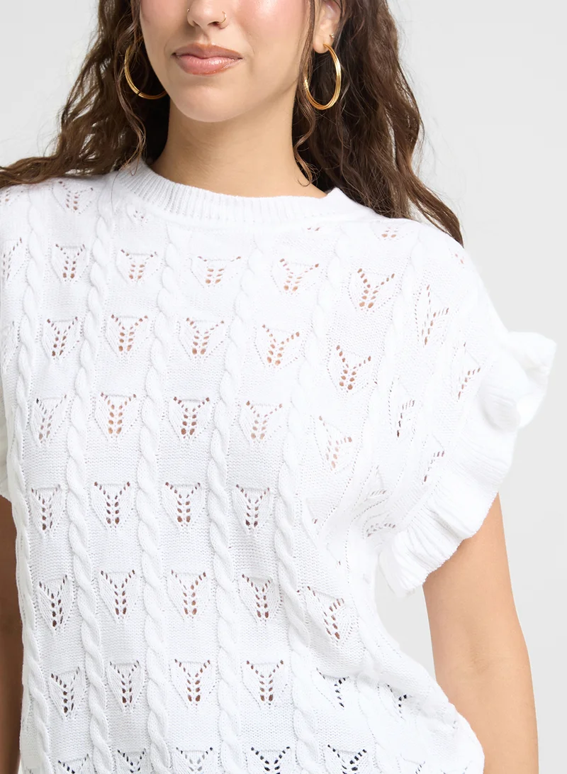جينجر Cable Knit Sweater With Ruffle Sleeves