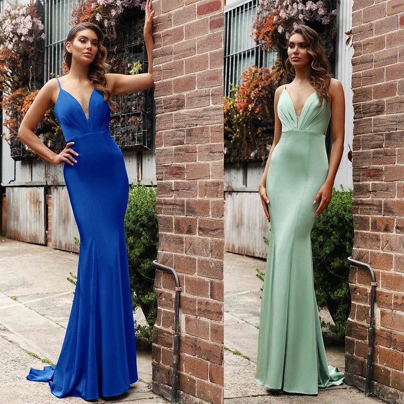 2022 European and American foreign trade satin dress package hip slim green sling backless evening dress new green S - Image 2