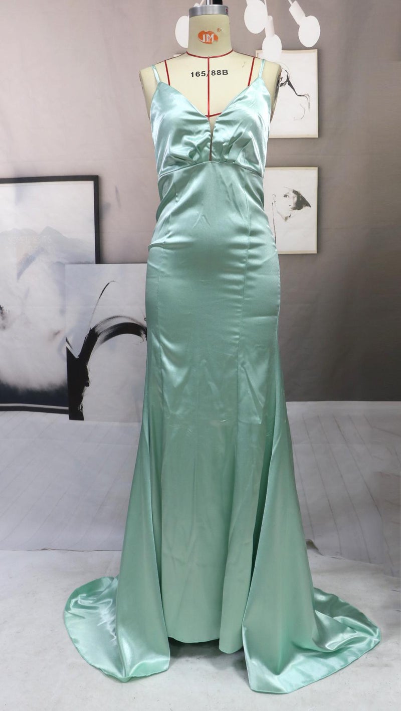 2022 European and American foreign trade satin dress package hip slim green sling backless evening dress new green S - Image 1