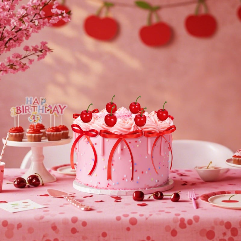 Chunful 24 Pcs Red Cherry Cake Decorations with Red Bows Fake Cherry Cake Toppers Artificial Fruit for Dessert Decor for Birthday, Wedding, Bridal Shower, Baby Shower, Anniversary Party - Image 4