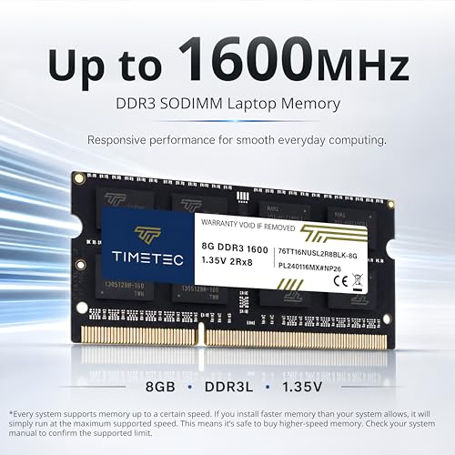 Timetec 16GB KIT2x8GB DDR3L DDR3 1600MHz DDR3L1600 PC3L12800 PC312800 NonECC Unbuffered 135V15V CL11 2Rx8 204 Pin SODIMM Laptop Notebook PC Computer Memory RAM Module Upgrade Black PCB - Image 3