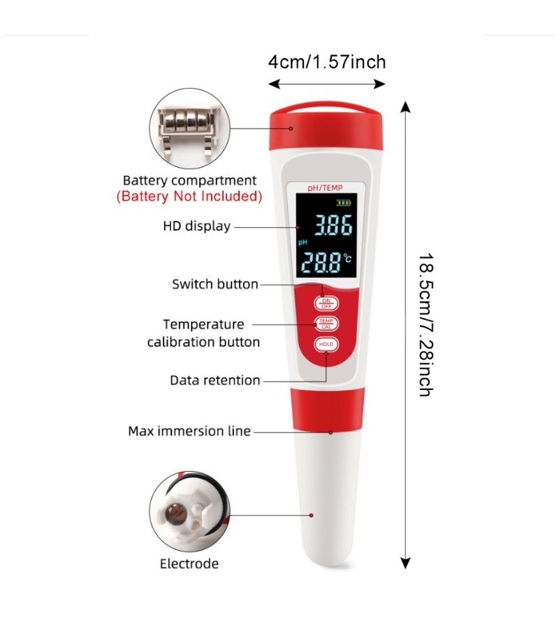 1 2 In 1 Water Quality Tester Red PH And Temperature Measurement Compact Portable Battery Powered Tool For Home Pool Aquarium - Image 4