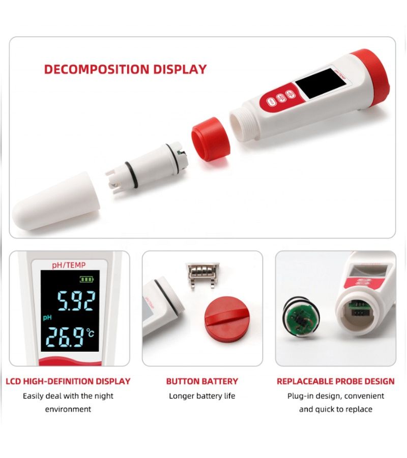 1 2 In 1 Water Quality Tester Red PH And Temperature Measurement Compact Portable Battery Powered Tool For Home Pool Aquarium - Image 5
