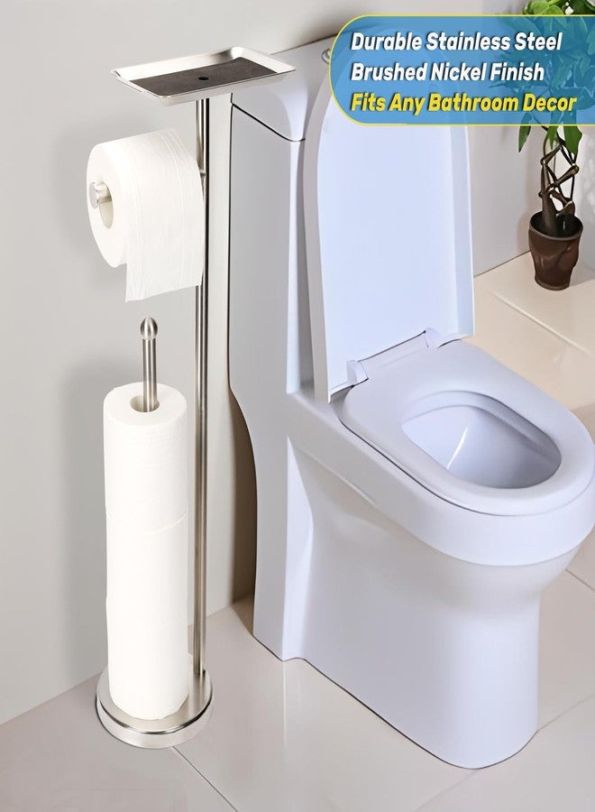 Exilon Toilet Paper Holder Stand for Bathroom Floor Freestanding Toilet Roll Dispenser Storages 4 Reserve Rolls, with Top Storage Shelf for Cell Phone (Brushed Nickel) - Image 2