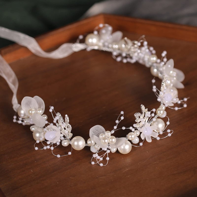 KAYZON Girl's Fashion Flower Headpiece - White Pearl Headband, Princess Bridal Wedding Hair Accessory (Silver) - Image 5