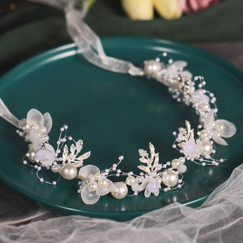 KAYZON Girl's Fashion Flower Headpiece - White Pearl Headband, Princess Bridal Wedding Hair Accessory (Silver) - Image 1