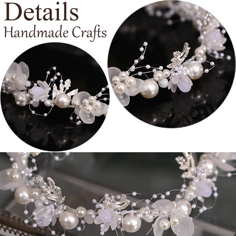 KAYZON Girl's Fashion Flower Headpiece - White Pearl Headband, Princess Bridal Wedding Hair Accessory (Silver) - Image 2