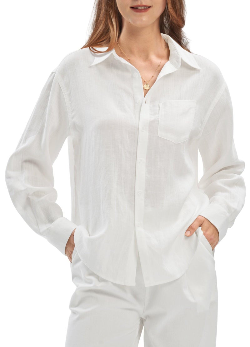 Willit Women's Linen Shirts Button Down Shirts Long Sleeve Beach Casual Summer Tops for Women Loose Fit Blouses White L - Image 1