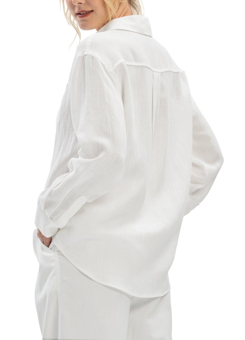 Willit Women's Linen Shirts Button Down Shirts Long Sleeve Beach Casual Summer Tops for Women Loose Fit Blouses White L - Image 2