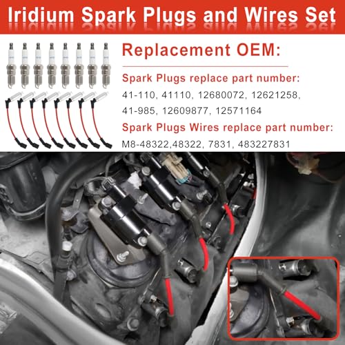 MCCKLE 41-110 Iridium Spark Plugs and M8-48322 Spark Plug Wires Compatible with Chevy Silverado Suburban Avalanche Express GMC Cadillac Escalade Yukon Sierra Savana 5.3 6.0L 6.2L V8 LS Truck MCCKLE (8 Set) - Image 2