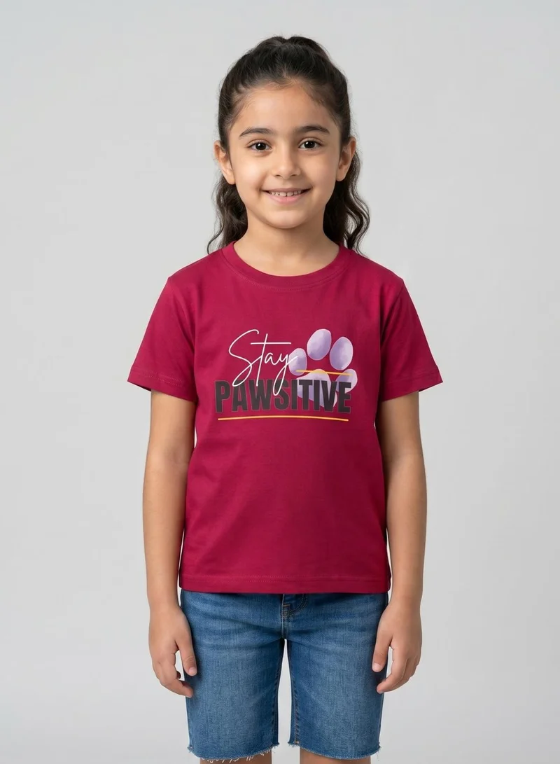 بيبي كلو Girls Stay Pawsitive Maroon T-Shirt